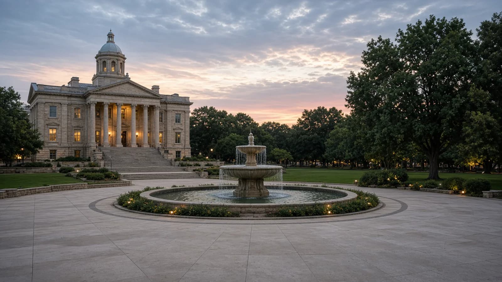 Broad tree-lined civic avenue at dusk