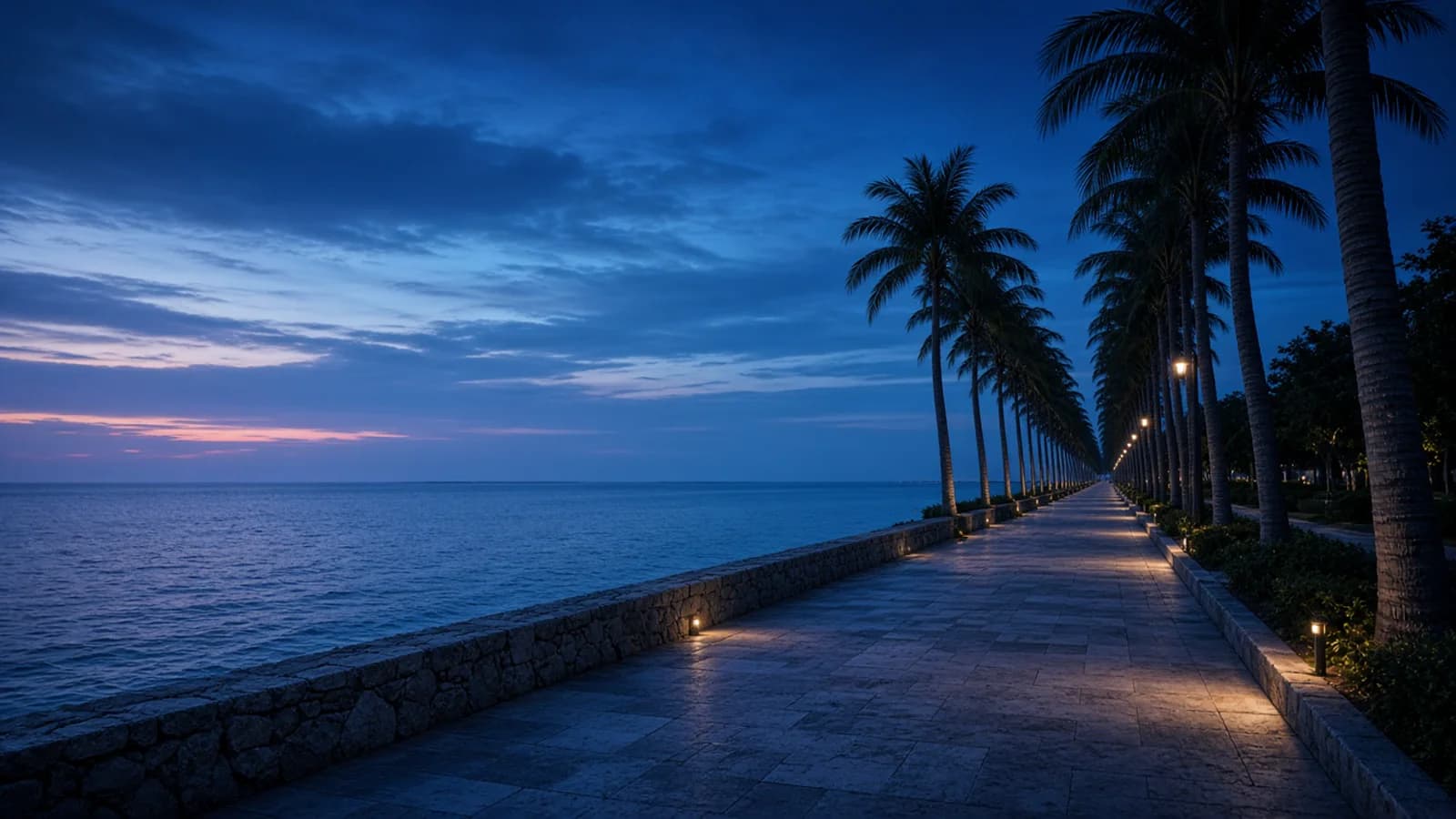 Coastal promenade above the water at sunset