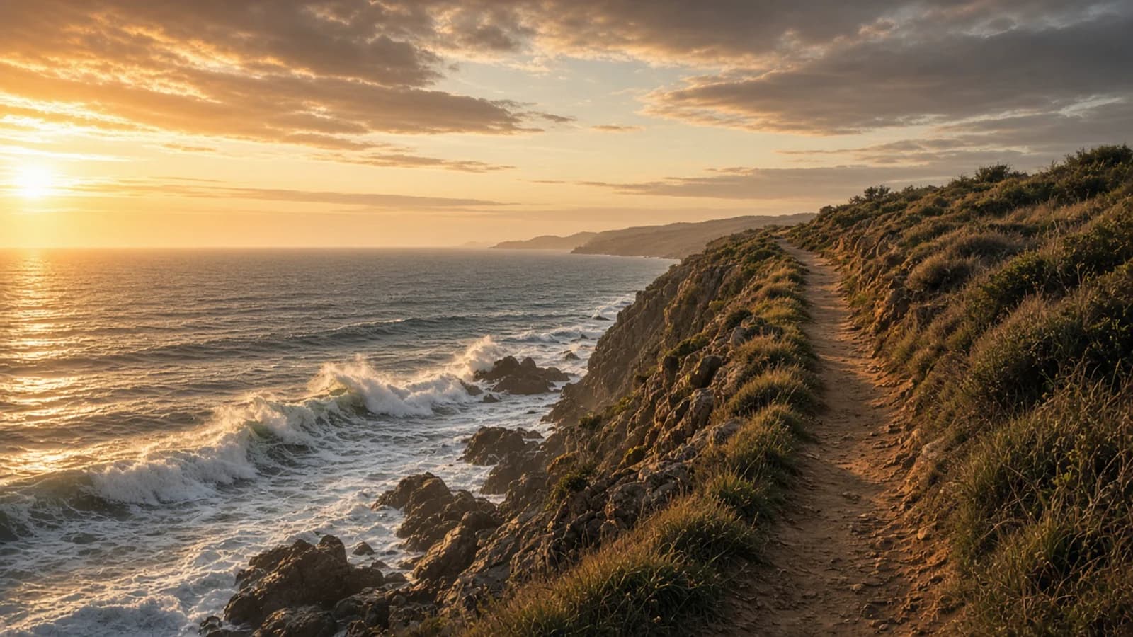 Coastal promenade above the water at sunset