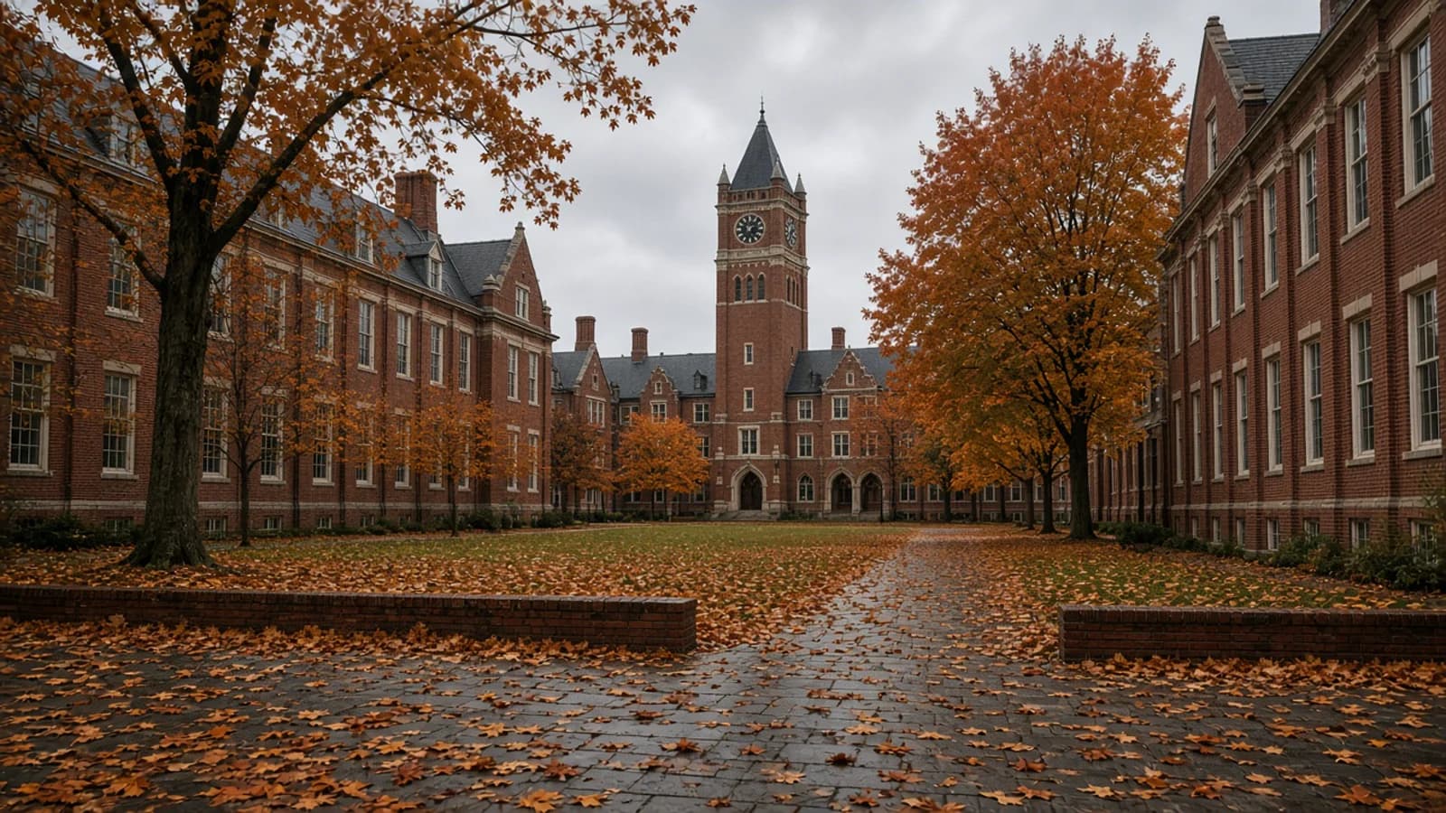 Red-brick collegiate quad in the evening