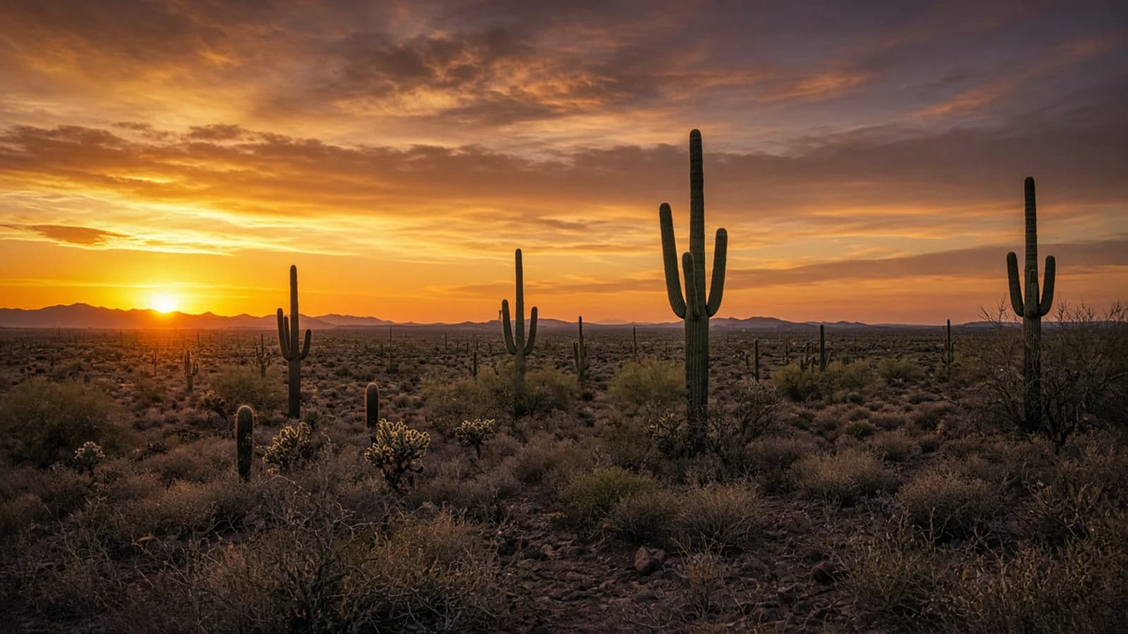 Open desert highway country with red rock in the distance at sunset