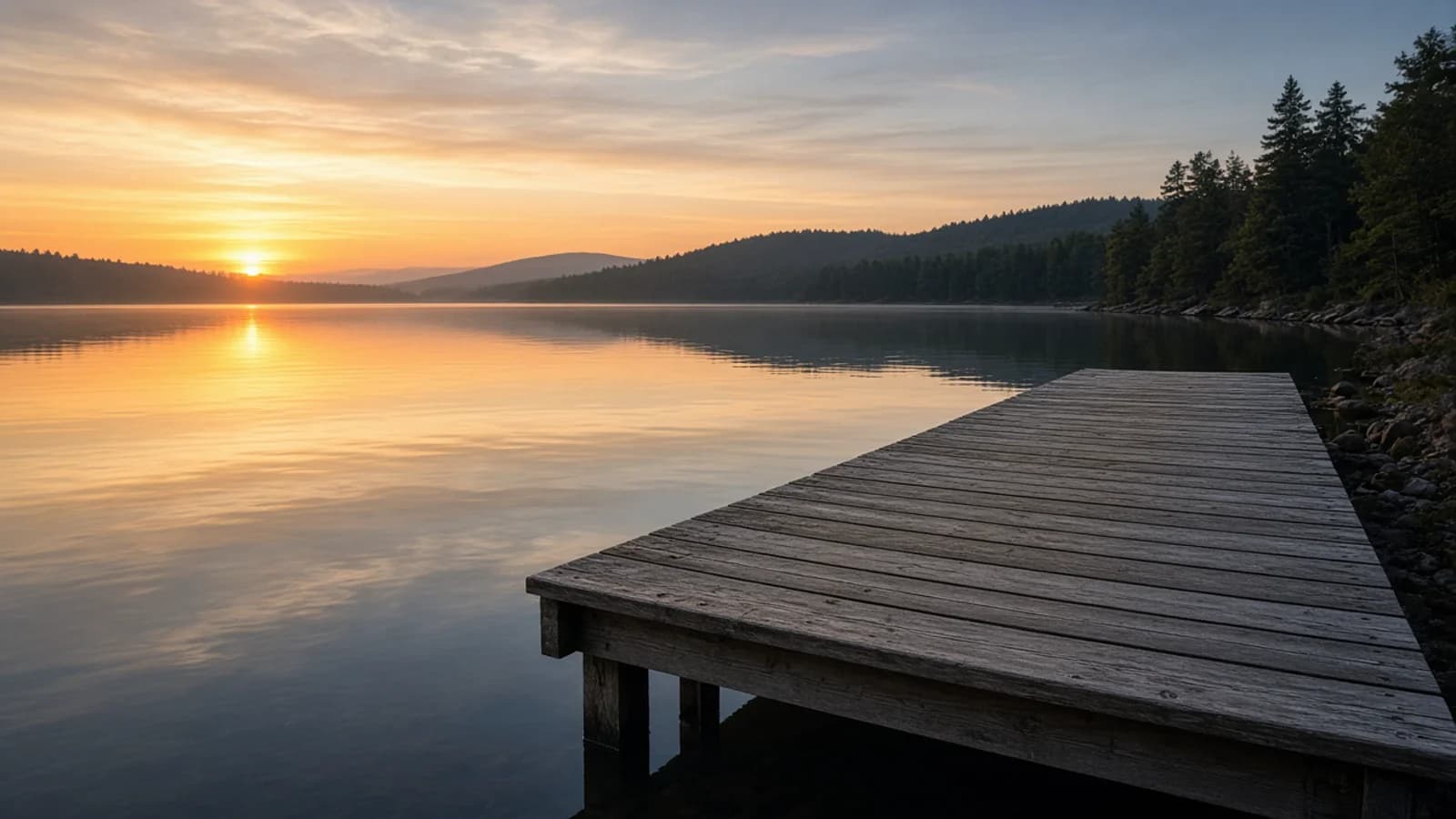 Lakeside shoreline at golden hour