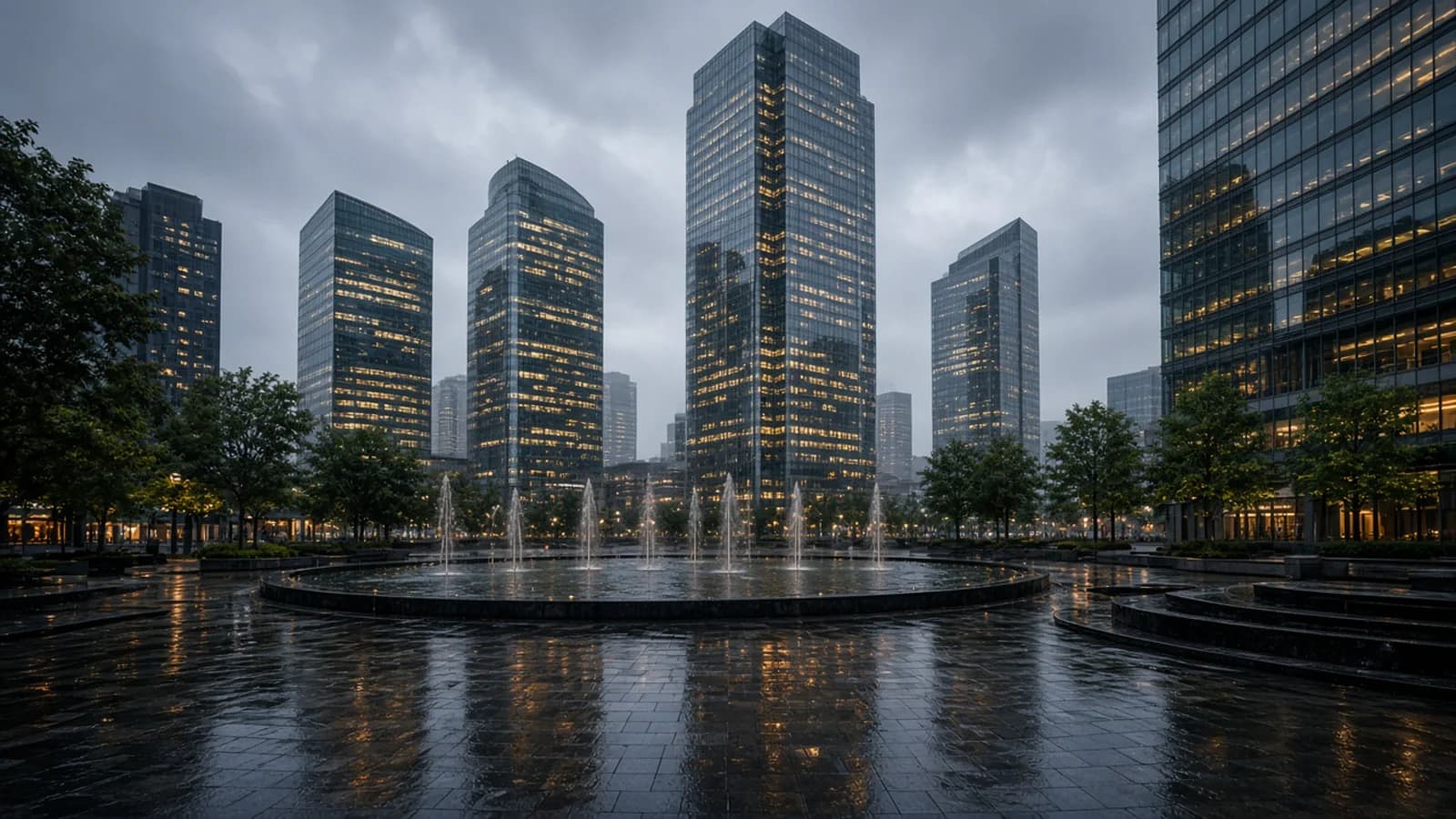 Downtown high-rise district at dusk after rain