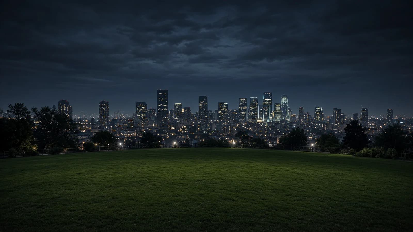 Downtown high-rise district at dusk after rain
