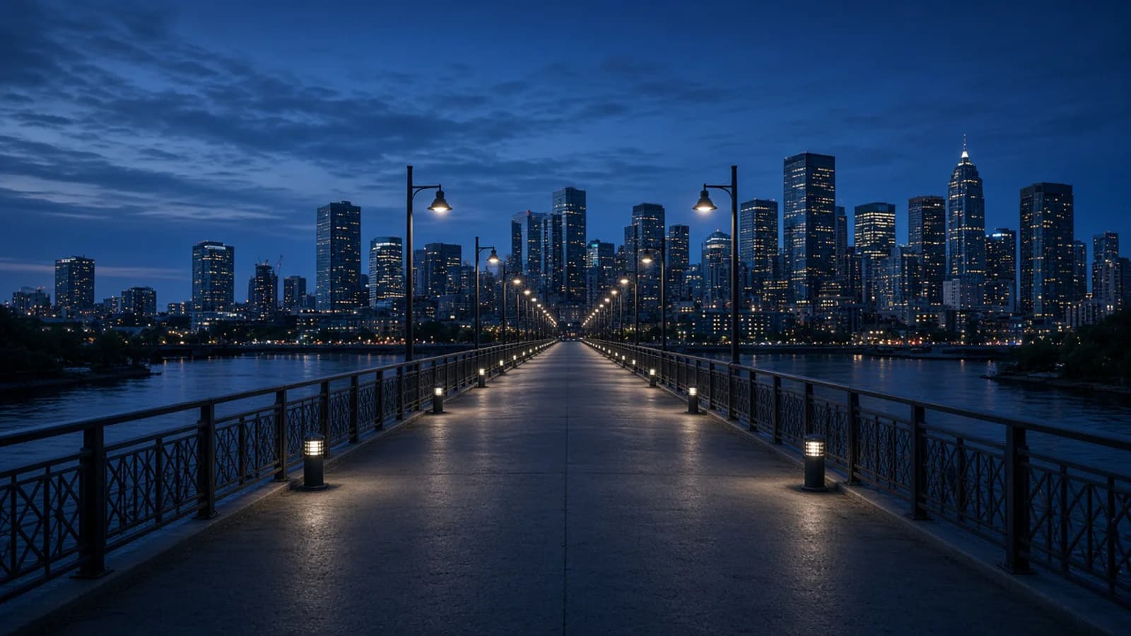Downtown high-rise district at dusk after rain