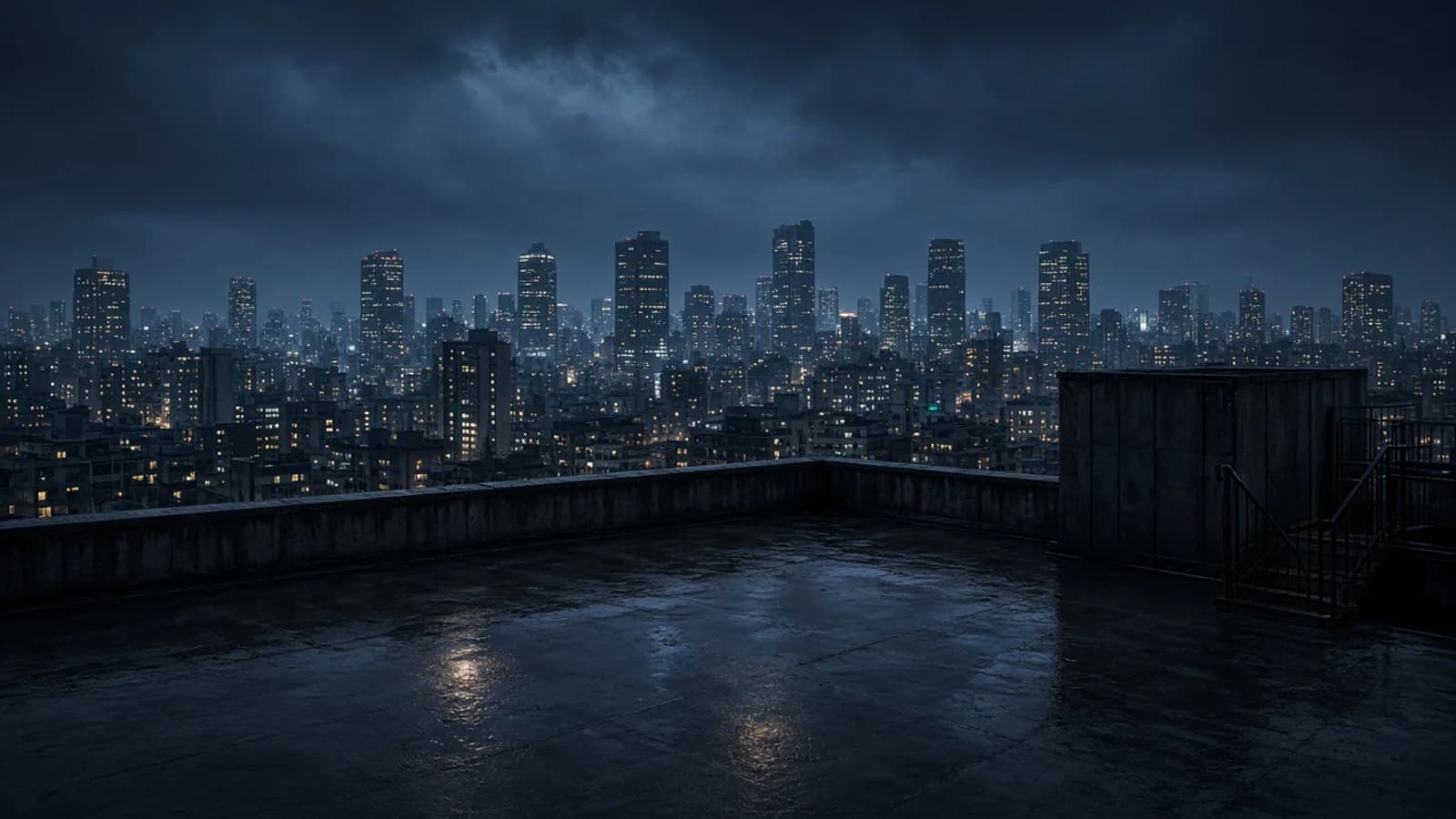 Downtown high-rise district at dusk after rain