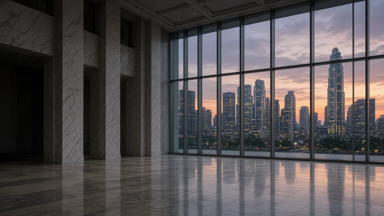 Downtown high-rise district at dusk after rain