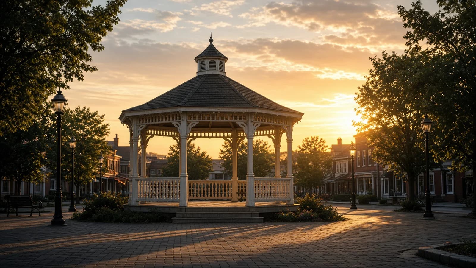 Small-town main street with low brick storefronts at dusk