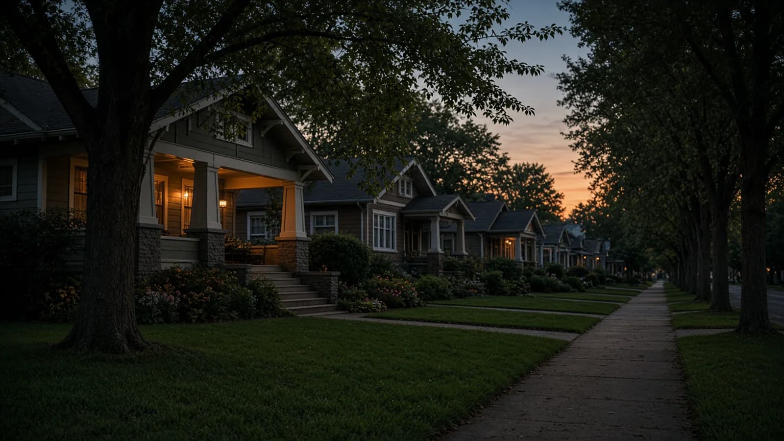 Quiet tree-lined residential street at dusk