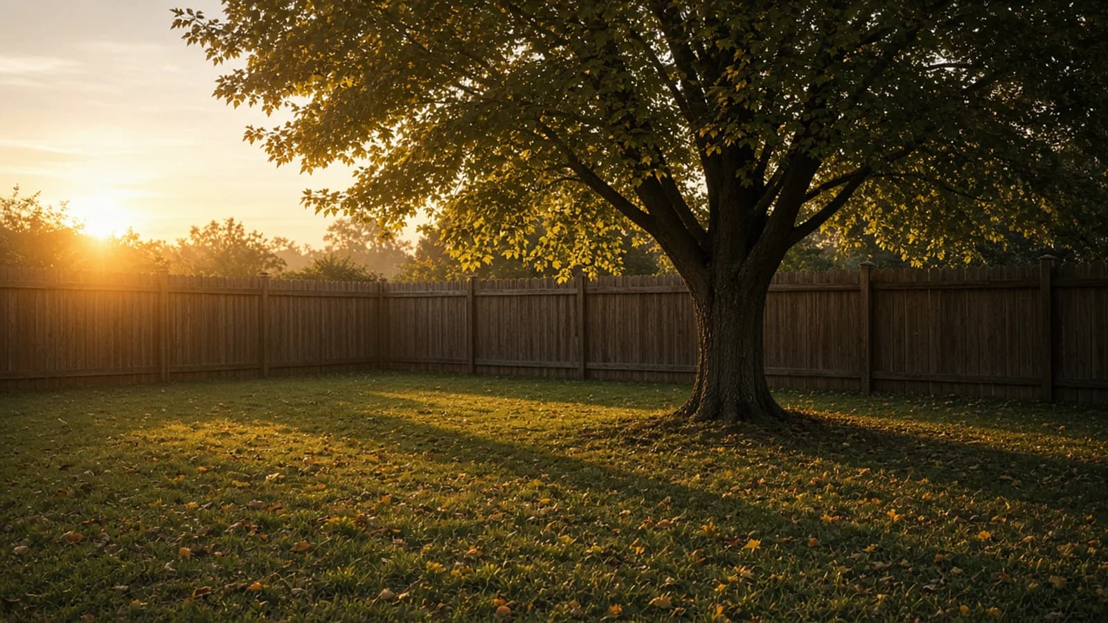 Quiet tree-lined residential street at dusk