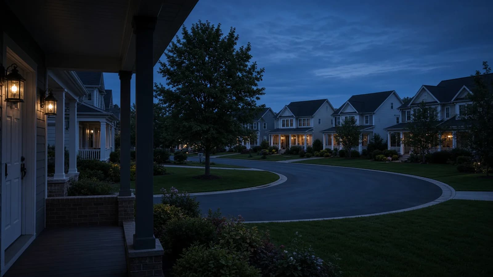 Quiet tree-lined residential street at dusk
